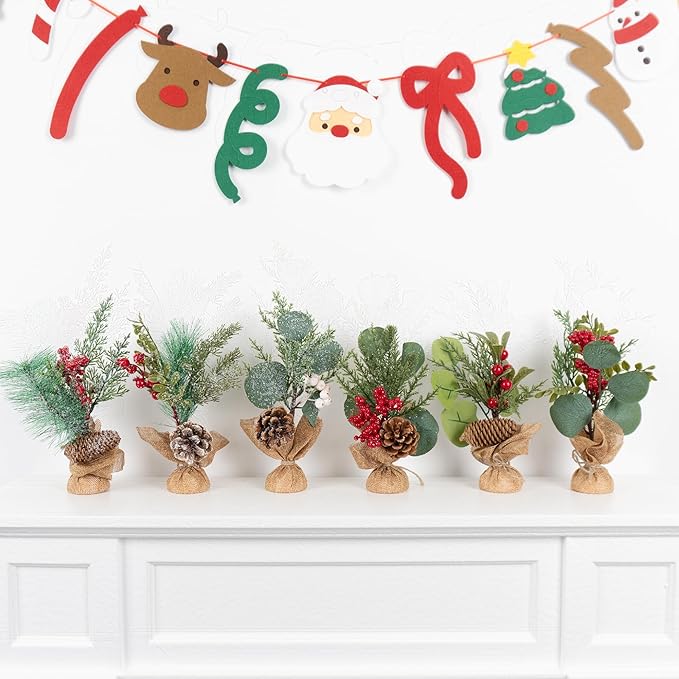 6 PCS Rustic Mini Christmas Tree Tabletop Set, Mixed Green Leaves, Red Berries and Pine Cones, 9 inch Artificial Trees with Burlap Bases, Ideal for Holiday Home Office Table Centerpiece