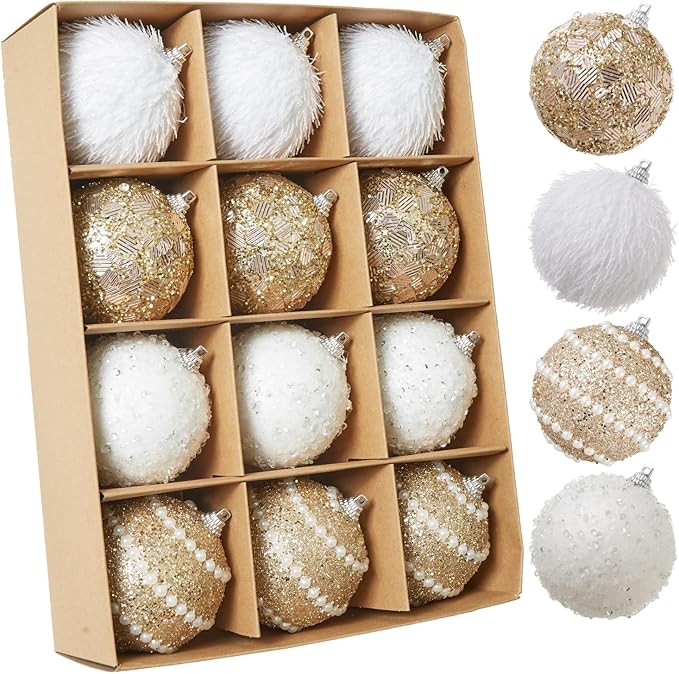 Champagne Gold Christmas Ball Ornaments, Christmas Ball Decorations Shatterproof Plastic Hanging Pearl Balls for Holiday Party(70mm/2.76", 12ct)