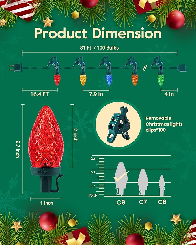 C9 Christmas Lights Outdoor with 110 Spring Clips, 81FT 110 LED C9 String Lights Waterproof Connectable for Outside Roofline Patio House Yard Windows Indoor Outdoor Christmas Decorations, Multicolor