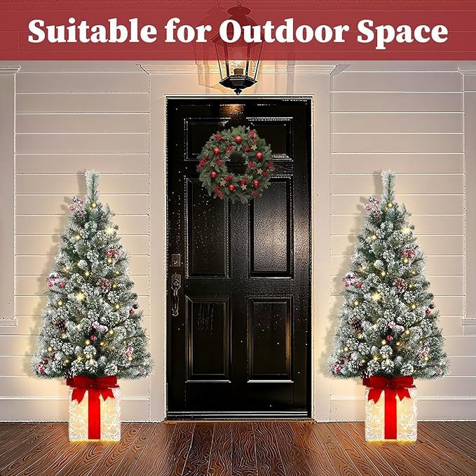 Brightever 4FT Christmas Tree with Warm White LED Lights, Pre-lit Artificial Small Xmas Tree with Gift Box Base & Ornaments, Plug in Outdoor Xmas Trees for Porch, Tabletop, Desk, Green, Easy to Setup