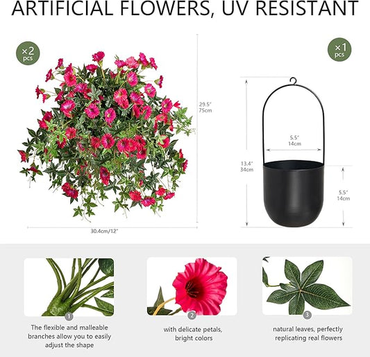 Artificial Flowers Artificial Petunias for Outdoors Artificial Hanging Plants Outdoor Silk Flowers with Stems Outdoor Flowers Uv Resistant for Porch Decor Terrace Decor,Rose Red with Pot 2PCS