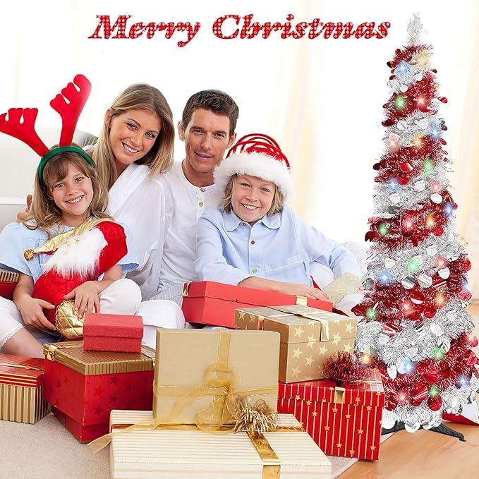 5 FT Pencil Christmas Tree, Collapsible Artificial Sequin Pop Up Christmas Tree, Skinny Pencil Tinsel Christmas Trees, Xmas Tree for Home Apartment Basement Fireplace (Red Silver)