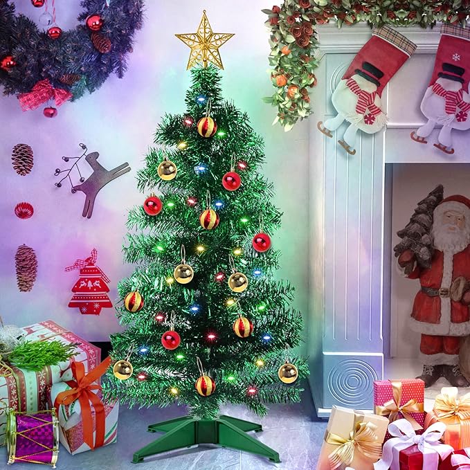 3 Ft Green Christmas Tree with 12 Modes Timer 50 LED Four Color & Lights DIY 15 Ball Ornaments 3D Star Artificial Xmas Tree for Indoor Home Holiday Party Decoration
