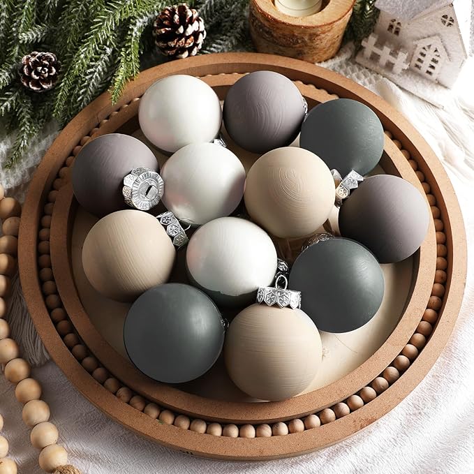 12 Pcs Neutral Matte Christmas Ball Ornaments 2.4 Inch Rustic Boho Gray Charcoal Beige White Xmas Bulbs Ornament Vintage Xmas Baubles Modern Christmas Decor for Tree Farmhouse Decor