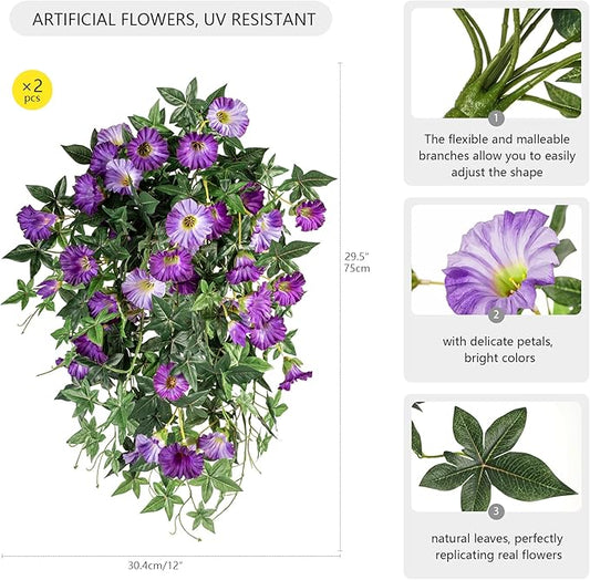 Artificial Flowers Artificial Petunias for Outdoors 2PCS Artificial Hanging Plants Outdoor Silk Flowers with Stems Outdoor Flowers Uv Resistant for Porch Decor Terrace Decor(Purple)Without Pot