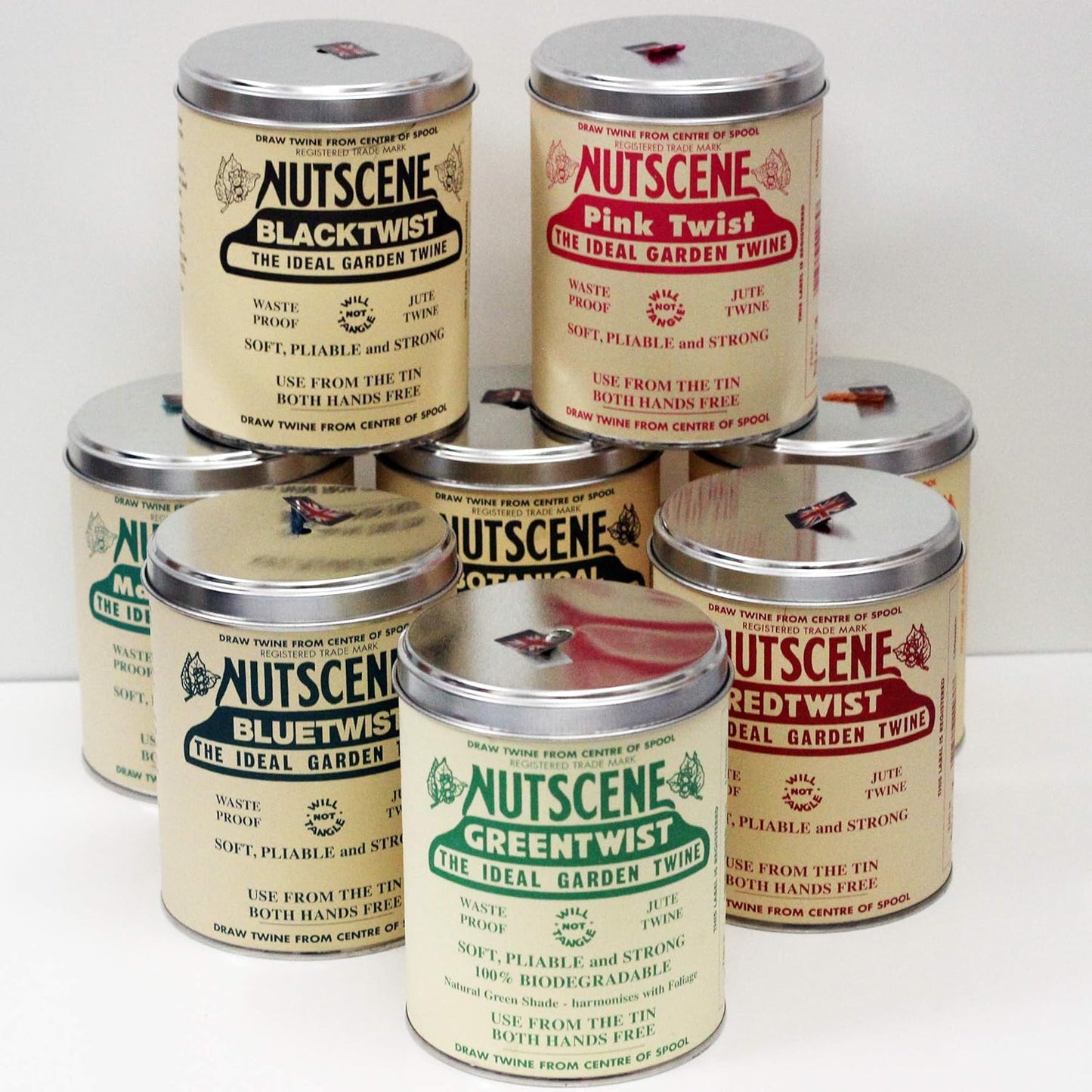 NUTSCENE Iconic Tin (Tin ‘O’ Twine) with Their Heritage Scottish Jute Twine and Hole in Top for Easy Dispensing. 14 Colors to Choose from. 164 Yards. (Green)