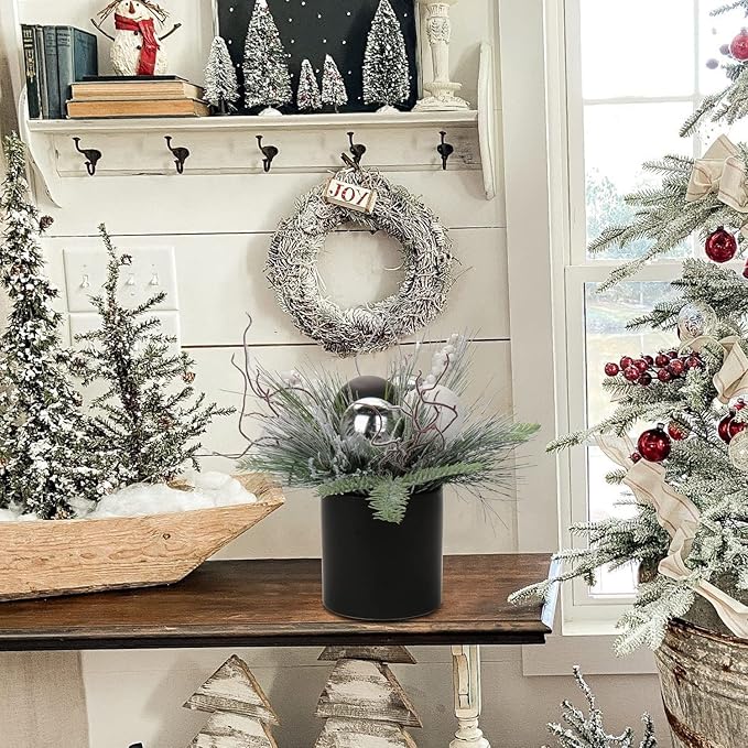Briful 10 Inch Mini Christmas Tree Artificial Potted with Holly Pine Snowy and Black White Silver Xmas Balls Christmas Arrangements Centerpieces Ornaments Table Top Decor in 4.7'' Black Ceramic Pot