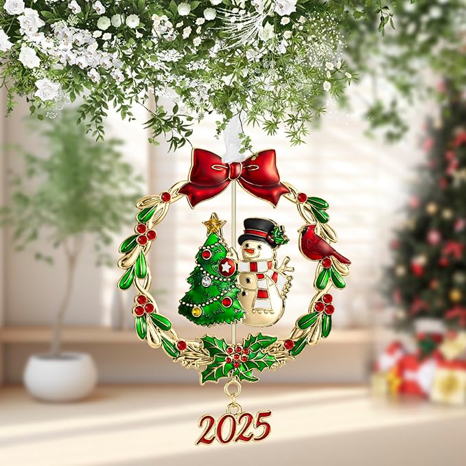 2025 Snowman Christmas Tree Ornament Metal Silver Hanging Rotatable Design Charm Holiday Decorative Pendant Gift Keepsake (Bow,Golden)