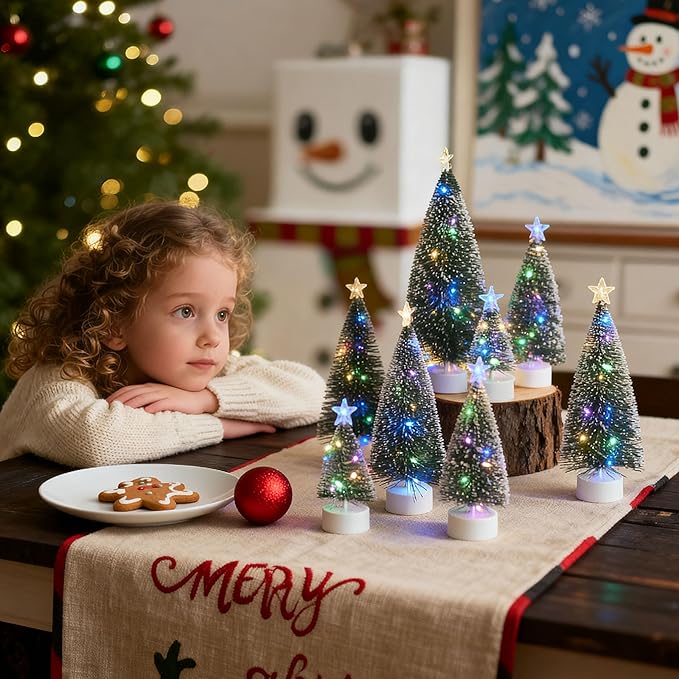 JOYIN 8 Pcs Mini Xmas Decor with LED Lights, Prelit Classic Small Christmas Tree in 4 Sizes with Star Topper, Tabletop Artificial Tree with Snow for Xmas Indoor Home Decor Holiday Festive (Green)