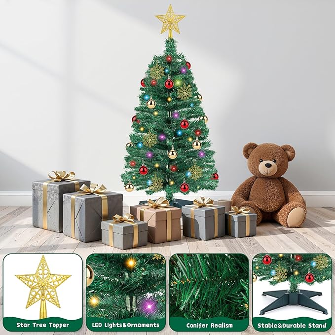 3 FT Artificial Christmas Tree with Lights - 12 Lighting Modes, Timer&Ornaments, Mini Fake Xmas Tree for Tabletop, Home, Office, Christmas Decoration Tree Decor