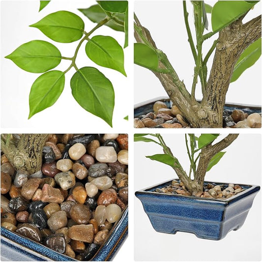 Fake Plants Small Artificial Plants Indoor 15.3" Fake Potted Plants Realistic Faux House Topiary Plants with Blue Ceramic Pot for Home Office Bathroom Kitchen Farmhouse Table Centerpieces Shelf Decor