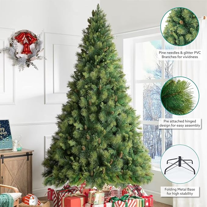 Naomi Home Vail 9ft Prelit Artificial Christmas Tree with Pine Cones, Foot Pedal, 2294 Branch Tips, 1050 Warm Lights and Metal Stand, 62" Wide Realistic Traditional Christmas Tree with Lights