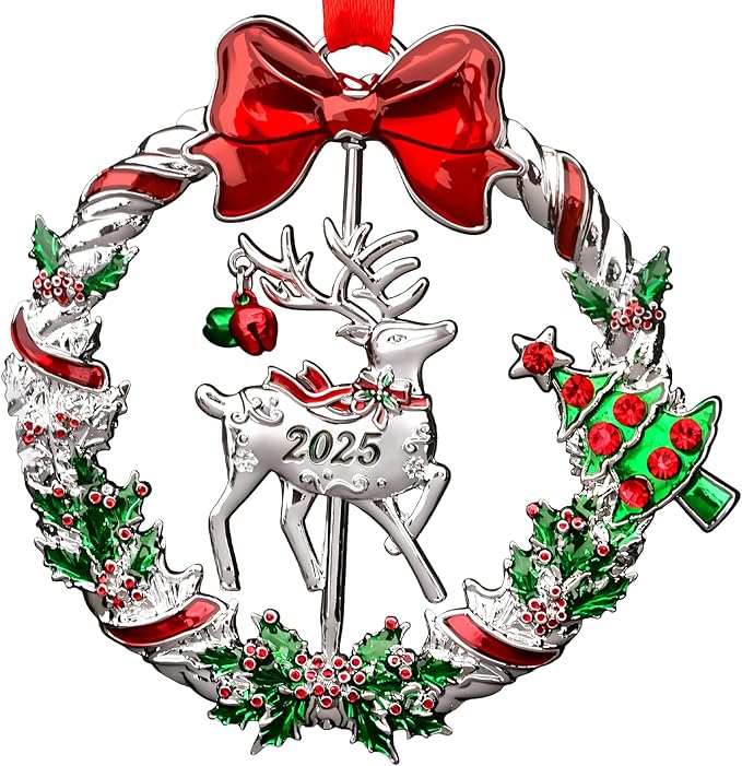Christmas Ornament 2025 for Christmas Tree Hanging Decorations, Xmas Wreath Ornament with Rotatable Reindeer, Dated 2025 Metal Xmas Ornament for Holiday Decorative Keepsake Gift