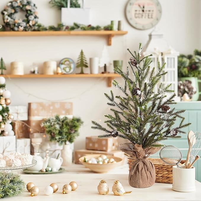22Inch Artificial Christmas Tree – Mini Tabletop Xmas Tree, Realistic Pine Needles, Pinecones & Burlap Base – Small Festive Decoration for Home, Office or Entryway