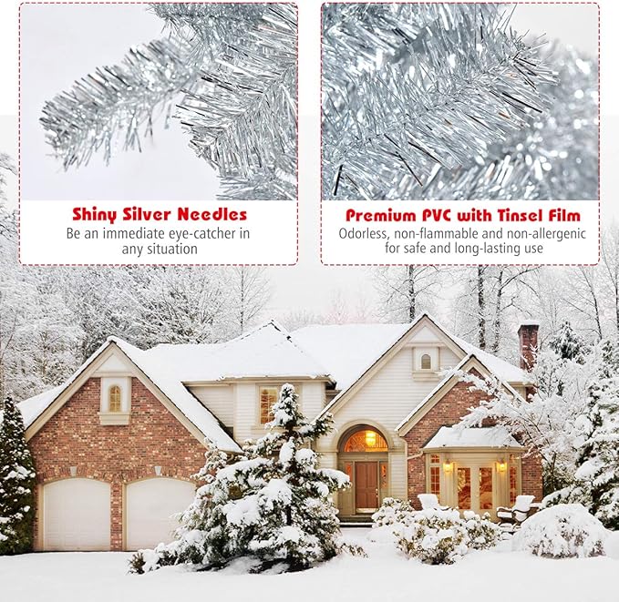 Happygrill 7.5 FT Christmas Tree Silver Tinsel Xmas Tree with 1258 Branch Tips Metal Stand, Artificial Hinged Christmas Tree for Indoor and Outdoor Holiday Decoration