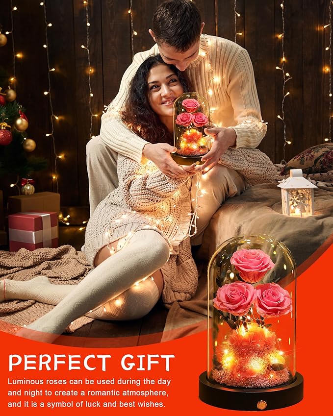 Flowers Roses Gifts for Mom Grandma,Forever Preserved Rose in Glass Dome, Christmas Anniversary Thanksging Birthday Real Roses Gifts for Wife Women Mother in Law/Pink