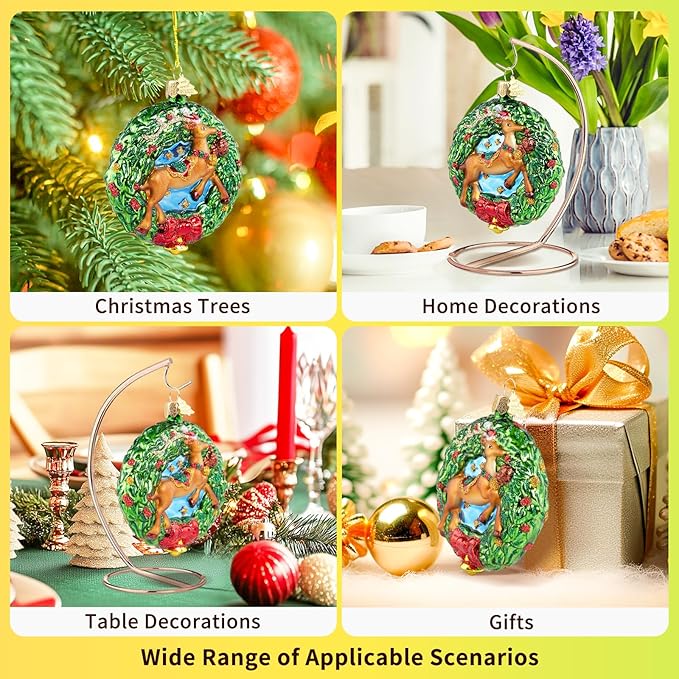 Reindeer Christmas Tree Ornaments,Blown Glass Christmas Ornaments, Wreath Collection Hanging Ornaments,Glass Home Decorations for Animal Lovers Holiday Party Daily Gifts