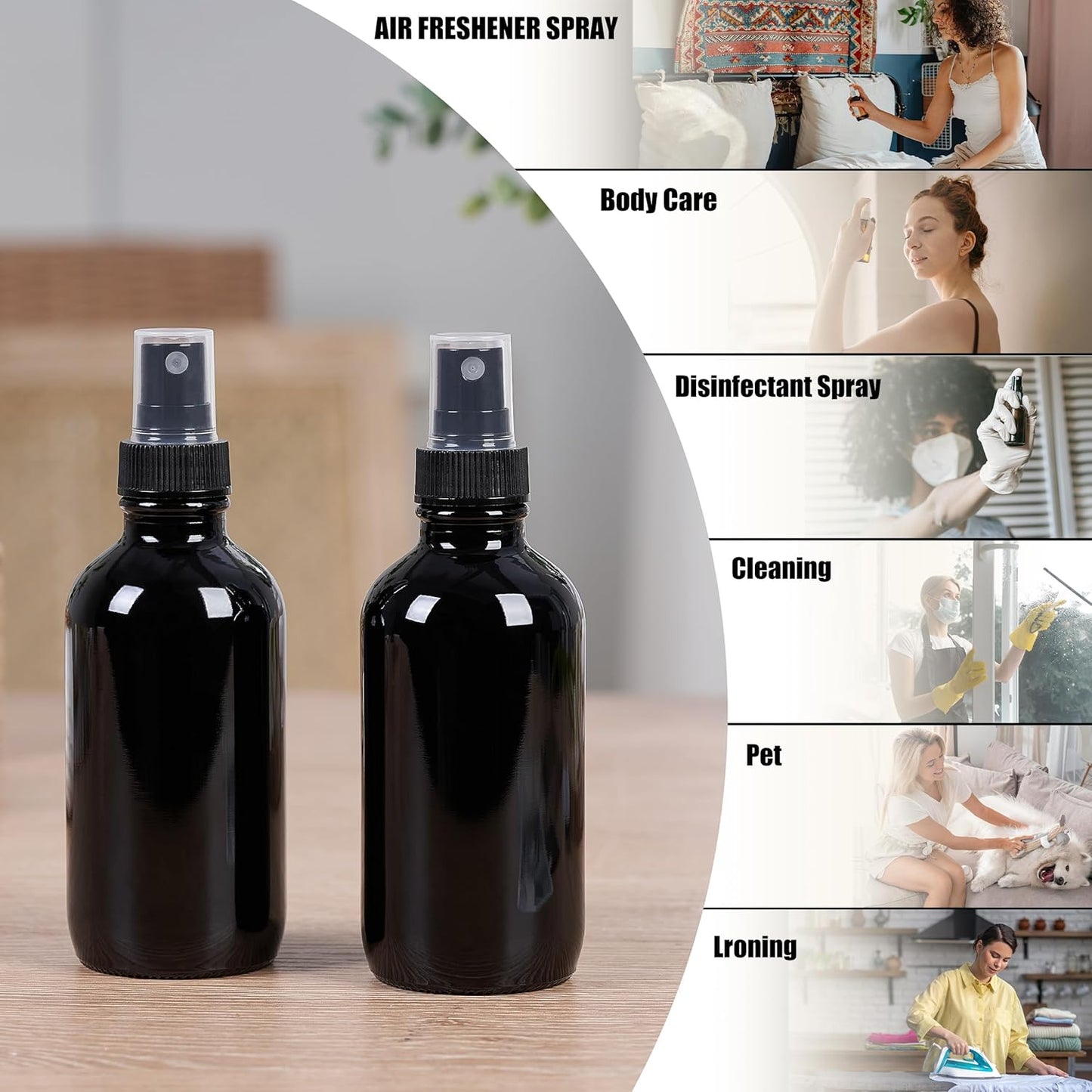 2 oz Glass Spray Bottles, Reusable Fine Mist Sprayer Small Spray Bottle, Leak-Proof Design, Perfect for Travel, Skin Care, Perfumes, Botanical, Cleansing (Black, 2oz-12pcs)