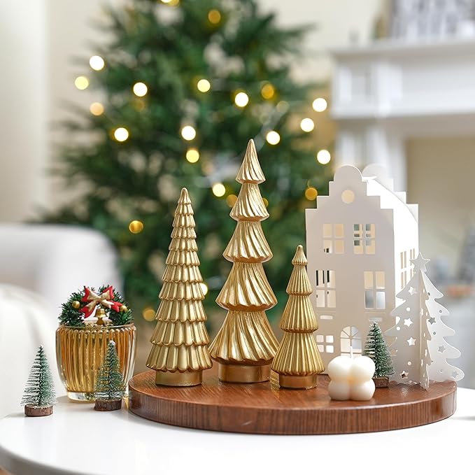 Gold Christmas Trees Small Resin Christmas Tree Figurines, 3Pcs Decorative Tabletop Trees for Xmas Decorations Indoor Mantel Centerpiece