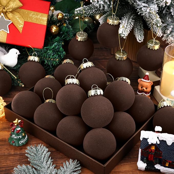 12 Pcs Velvet Christmas Balls Flocked Christmas Tree Hanging Ornaments Shatterproof Plastic Hanging Balls Decorations for Xmas Tree Party Home Holiday Decor (Brown, 3.15 inch)