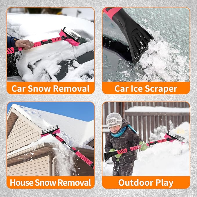 METOWARE 44'' Snow Brush and Ice Scrapers for Car Windshield, Extendable Snow Brush for Car with Ergonomic Foam Grip and 360° Pivoting Brush Head for Car SUV Truck Pink