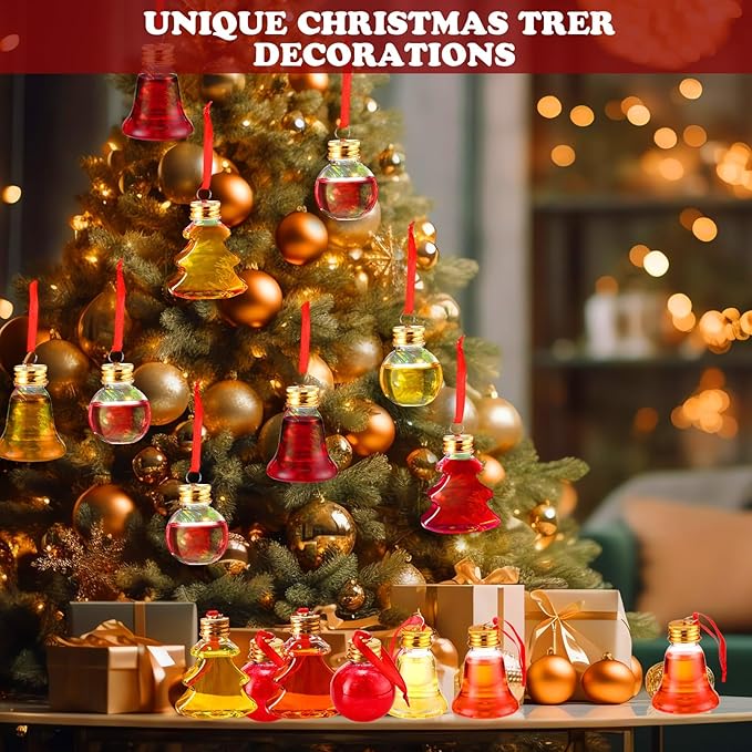 Patelai 18 Pcs Christmas Drink Balls Clear Shot Glass Ornaments Xmas Tree Fillable Ornaments Plastic Xmas Water Bottle Bulbs for Holiday Party Decorations(Round, Bell, Christmas Tree,50 ml)