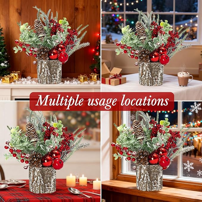 Small Christmas Tree for Tabletop, Artificial Mini Christmas Tree Decorations with Red Berry Pine Cone Pine Picks, Xmas Ornaments Indoor Home Holiday Decor (1 Pack)
