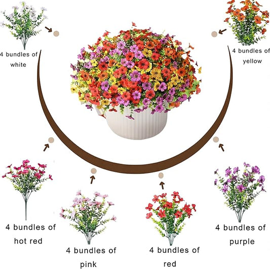 Artificial Flowers for Outdoors - UV Resistant & Fade-Resistant Fake Flowers, 24 Bundles Waterproof Faux Flowers for Garden, Yard, Patio, Wedding & Home Decor 24 Mixed Bundles