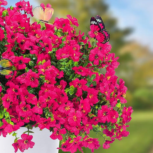 20 Bundles Artificial Flowers for Outdoors with 6 Faux Butterflies, UV Resistant Fake Flowers with Eucalyptus Leaves, Artificial Plants Outdoor for Patio Garden Porch Home Decor (Rose Red)