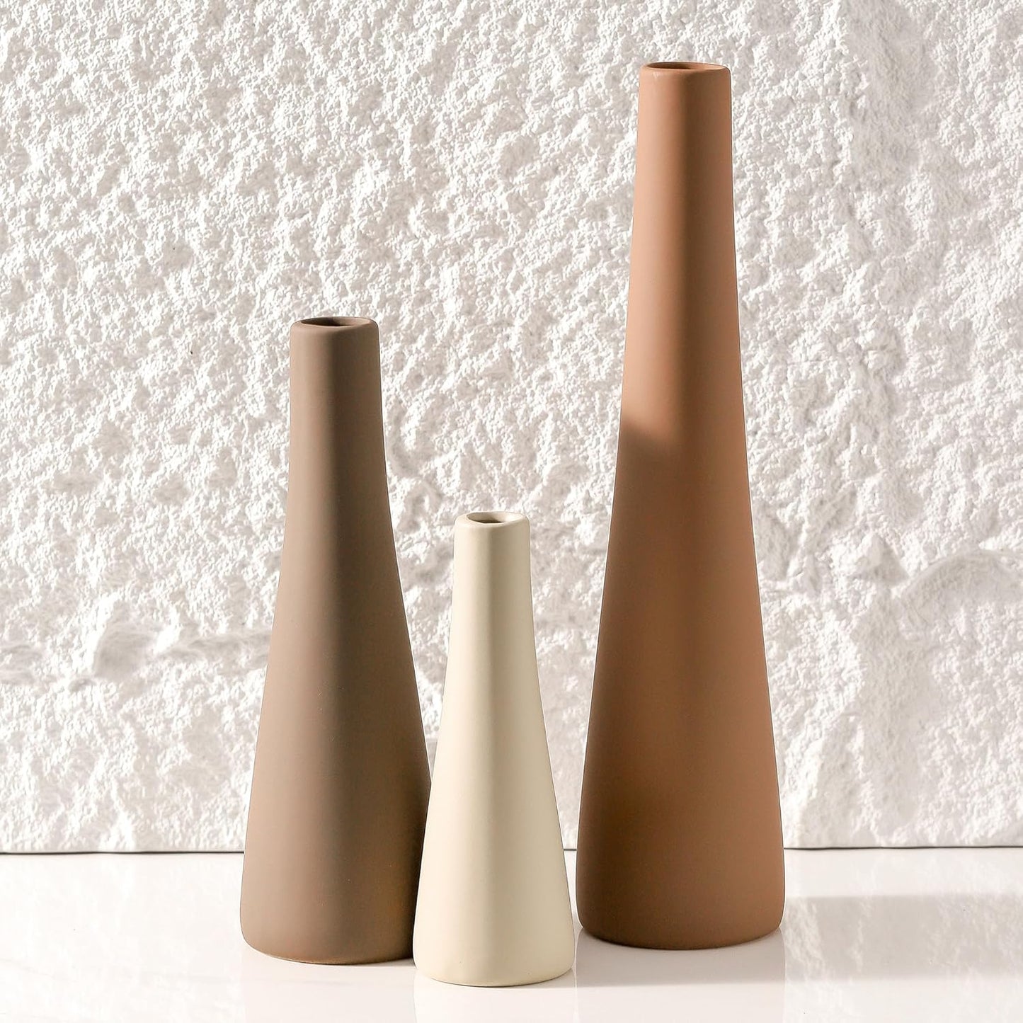 Ceramic Vase Set of 3, Modern Farmhouse Vases Home Decor Neutral Pottery Vase Pampas Grass Flower Vases for Home Decoration Room Decor Table Entryway Living Room Centerpieces Mantel Decor - Brown