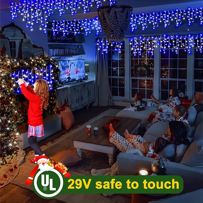 KNONEW Christmas Lights Outdoor Decorations 400 LED 33ft 8 Modes Curtain Fairy String Light with 75 Drops, Clear Wire LED String Light Indoor Decor for Wedding Party Christmas (Blue and White)