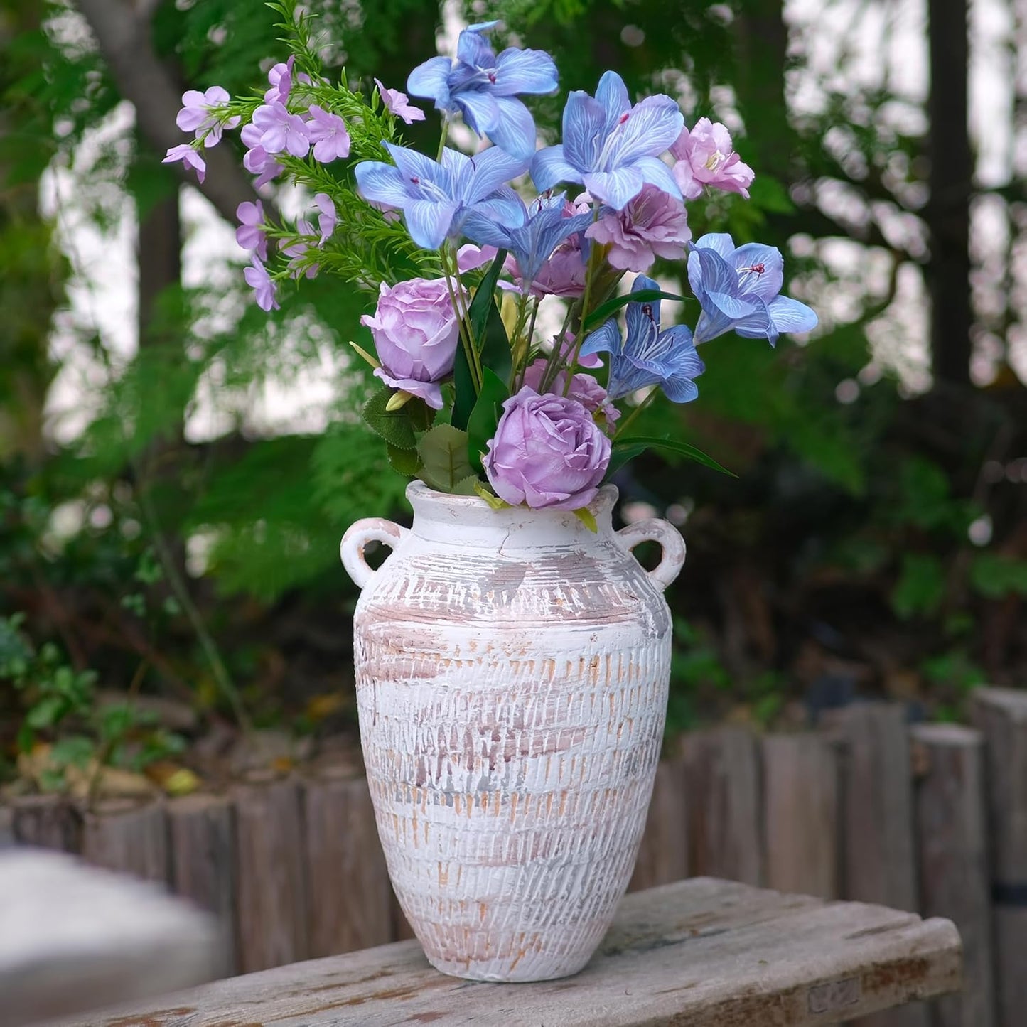 Vintage Ceramic Vase with Handles, 12.6" Height Distressed White & Brown Crackle Finish Planter, Handmade Pottery Flower Vase for Home Decor, Farmhouse, Boho Indoor Decor, with Waterproof Liner