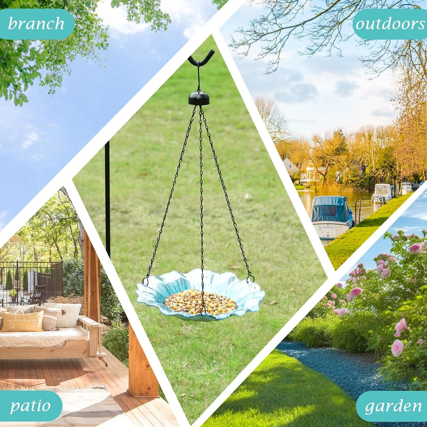 VCUTEKA Bird Bath, Glass Hanging Bird Baths for Outdoors Birdfeeder with 21 inch Rust-Proof Chain for Garden Yard Decor, Blue Daisy