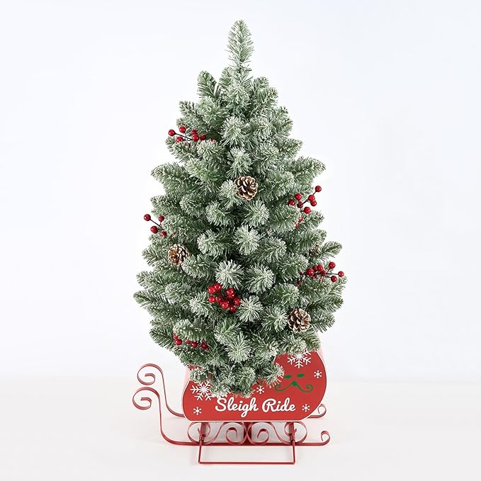 3 Ft Pre-Lit Christmas Tree, Frosted Artificial Christmas Tree with 78 Led Lights,8-Mode Battery Box,Timer Battery,Red Berry,Christmas Decoration for Home, Office,Fireside,Easy Installation