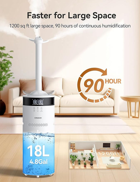 VAGKRI 18L Humidifier Large Room, for 2000 sq ft whole house humidifiers, 5 Mist Levels, 24H Timer, Auto Mode, Top Fill With 2 Extended Tube Quiet Cool Mist Humidifiers for Bedroom Home Baby Plant