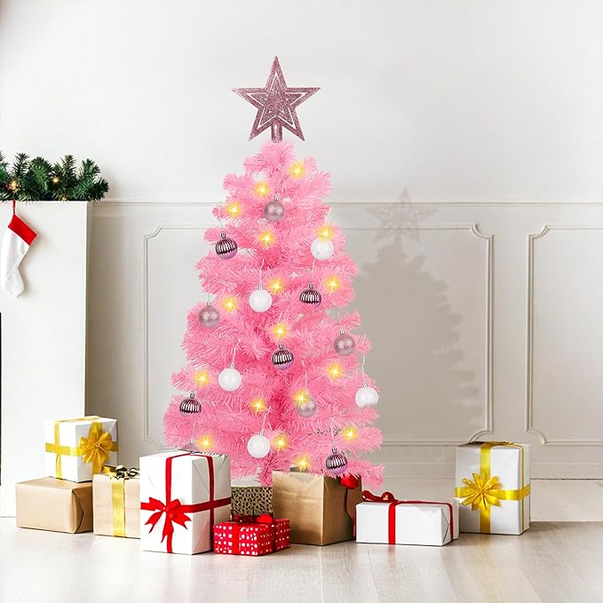 3 Feet Pink Premium Christmas Tree 12 Modes Dual Color Change Timer DIY 50 Warm White & Multicolor Lights Star 15 Ball Ornaments Battery Operated Small Artificial Full Xmas Tree Table Home Indoor