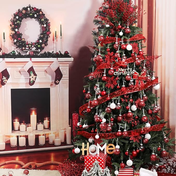 Wironlst Christmas Ball Ornaments Shatterproof Clear Large Plastic Hanging Ball Decorative Baubles Set with Stuffed Delicate Decorations (Multi-Size, Red)