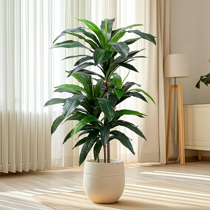 Artificial Dracaena Tree 4FT, Fake Tree with Plastic Pot, Fake Tropical Yucca Floor Plant, Lifelike Foliage and Branches, Artificial Plants Indoor for Home Office Living Room Decor Indoor