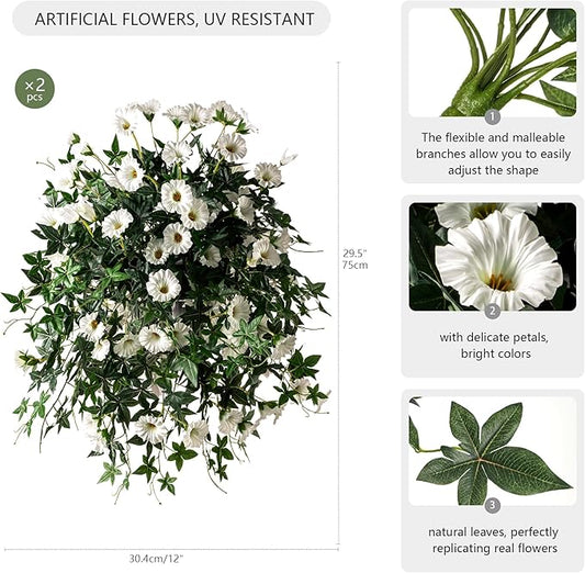 Artificial Flowers Artificial Petunias for Outdoors 2PCS Artificial Hanging Plants Outdoors Silk Flowers with Stems Outdoor Flowers Uv Resistant for Porch DecorTerrace Decor(White)Without Pot