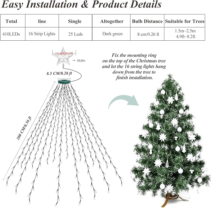 aneeway Christmas Tree Lights with Star Toppers, 410 LED Christmas Lights with 8 Modes & Memory Function, 6.6FT x 16 String Lights with Remote Control & Timing for Xmas Ornaments - Cold White