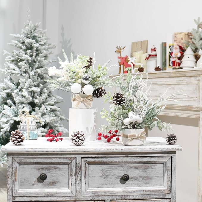 JJIALEIXI 2PCS Small Christmas Tree,11" Artificial Little Potted Mini Tabletop Tree Christmas Decorations, for Wedding Holiday Indoor Xmas Party Winter Decor (White/Green/Silver).