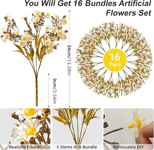 Artificial Daisy Flowers for Outdoor 16 Bundles Faux Daisy Flower UV Resistant No Fade Floral for Home Indoor Outside Garden Porch Window Box Balcony Yard Porch Decor (White)