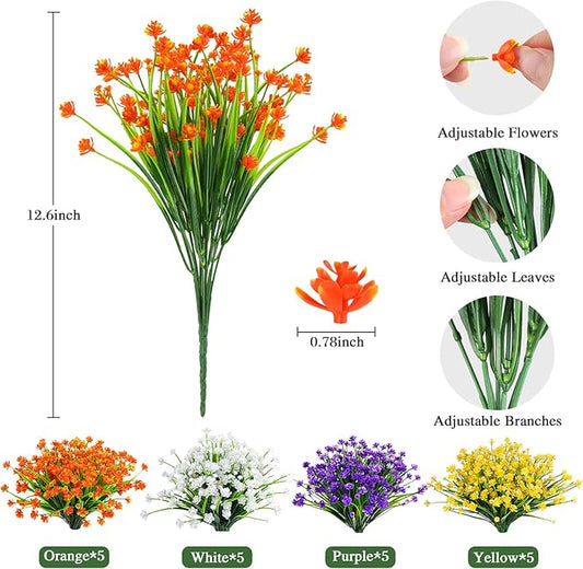AmyHomie 20 Bundles Artificial Flowers for Outdoor Outside Spring Summer Decoration UV Resistant Faux Flowers No Fade Fake Plastic Plants Garden Porch Window Box Decorating