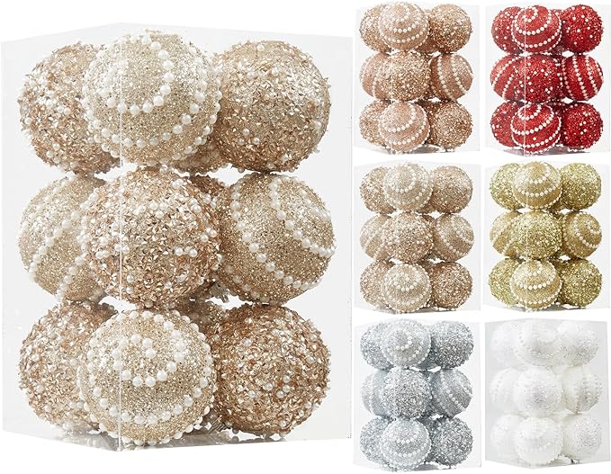 Champagne Gold Christmas Ball Ornaments,12ct Christmas Tree Shatterproof Plastic Hanging Sequin Xmas Balls for Festivals Holiday Party Decorations(70mm/2.76")