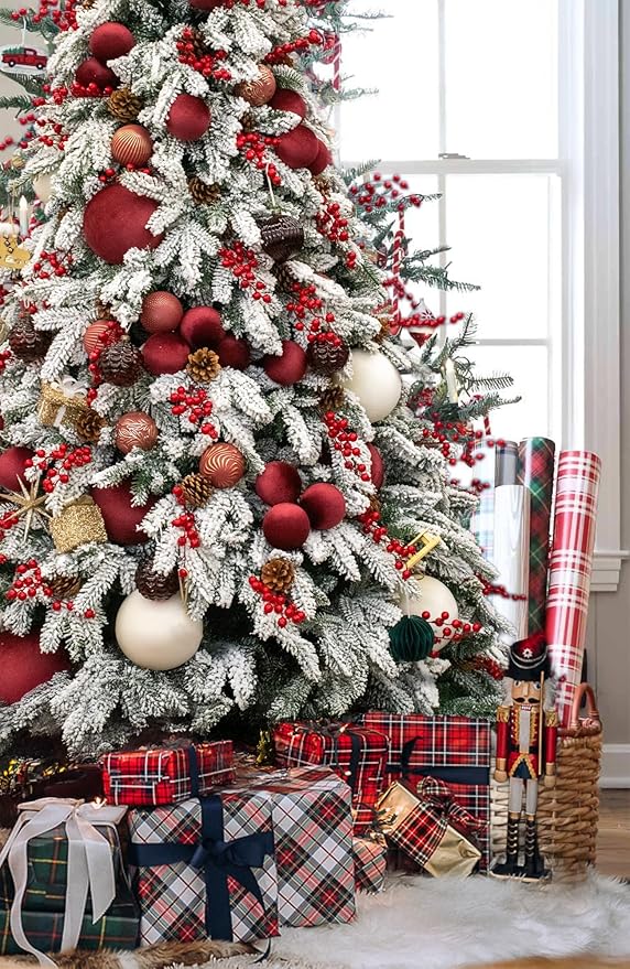 18PCS Velvet Christmas Ornaments Set – Large Matte Flocked Shatterproof Baubles for Xmas Tree Decoration, Luxury Hanging Ornaments for Holiday & Home Décor (Red, Brown, White, 3 Inch / 8 cm)