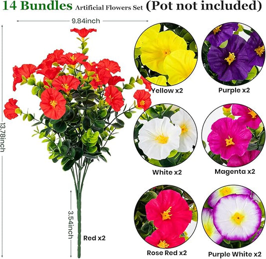 Lnoicy Artificial Flowers for Outdoor 14 Bundles Eucalyptus Fake Flowers for Planter,UV Resistant Fake Morning Glory for Home/Porch/Garden Decoration(7 Color)