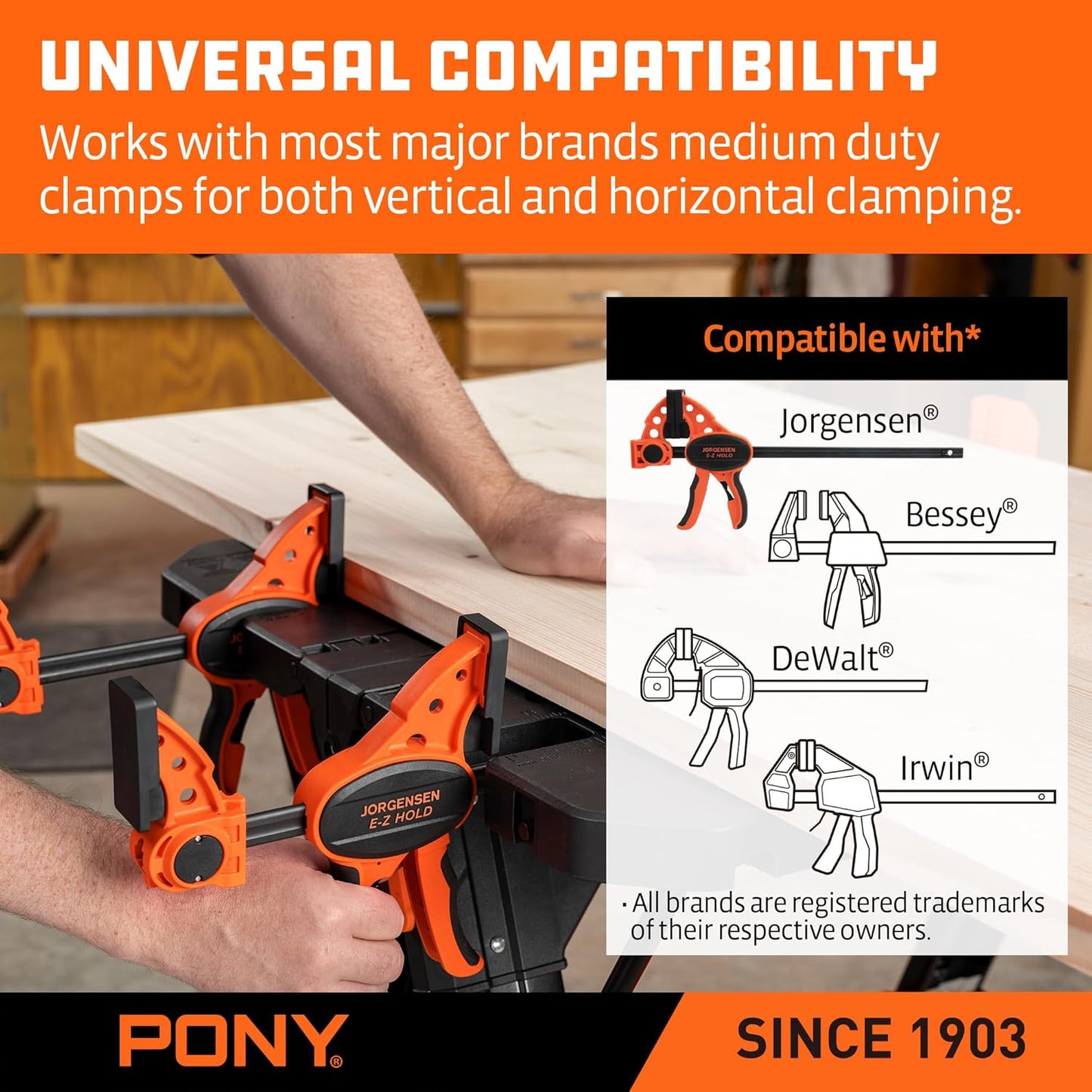 Pony Portable Folding Work Table, 2-in-1 as Sawhorse & Workbench, 31” W×25” D×25”-35”H, Large Load Capacity with 4pcs Clamps, 4pcs Bench Dogs