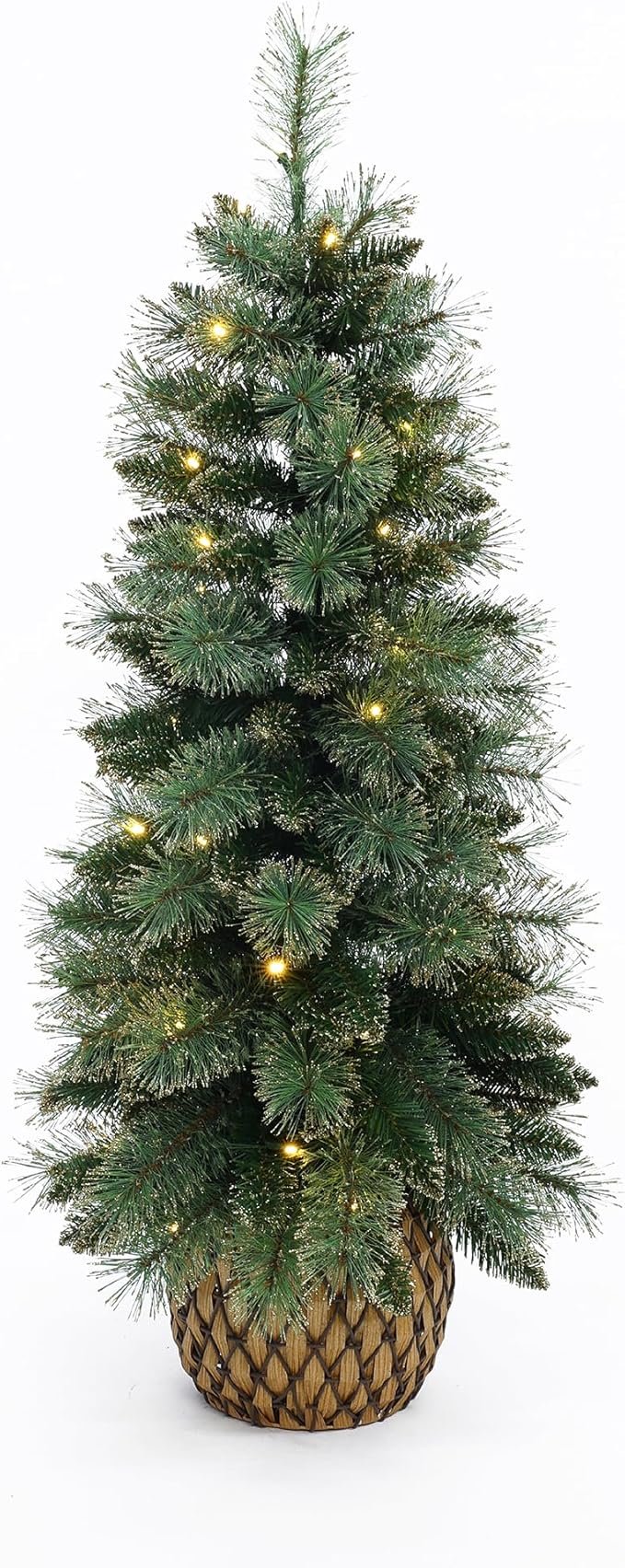 LuxenHome 4FT Small Christmas Tree, Prelit Slim Potted Artificial Christmas Trees with 50 Warm White LED Lights, Realistic Faux Pine Tree with Rattan Style Pot for Entrance, Hallway Display