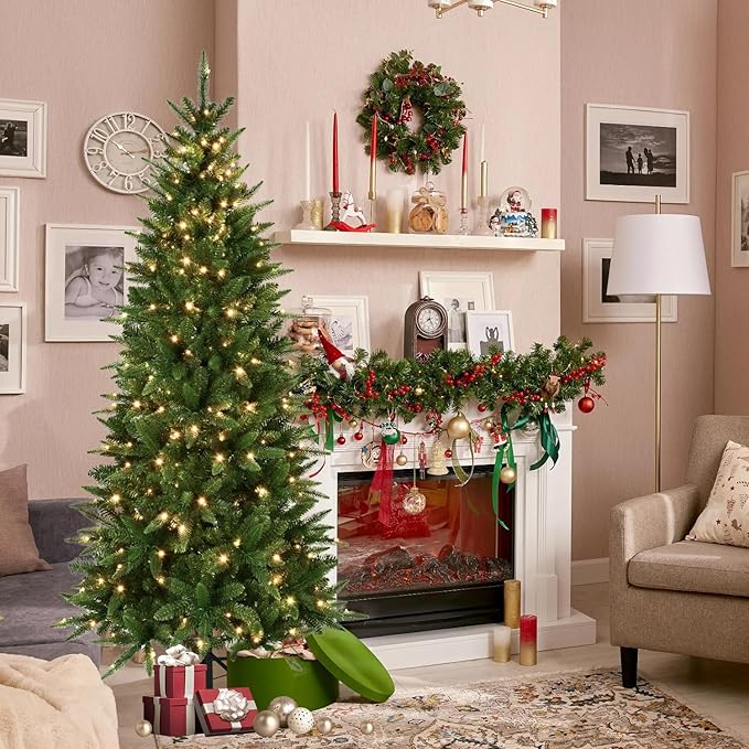 5ft Pre-Lit Artificial Pencil Green Christmas Tree with Warm White 200 LED Lights, Hinged Realistic Slim Xmas Tree w/Sturdy Metal Stand, 610 Tips for Home, Office, Party Decoration