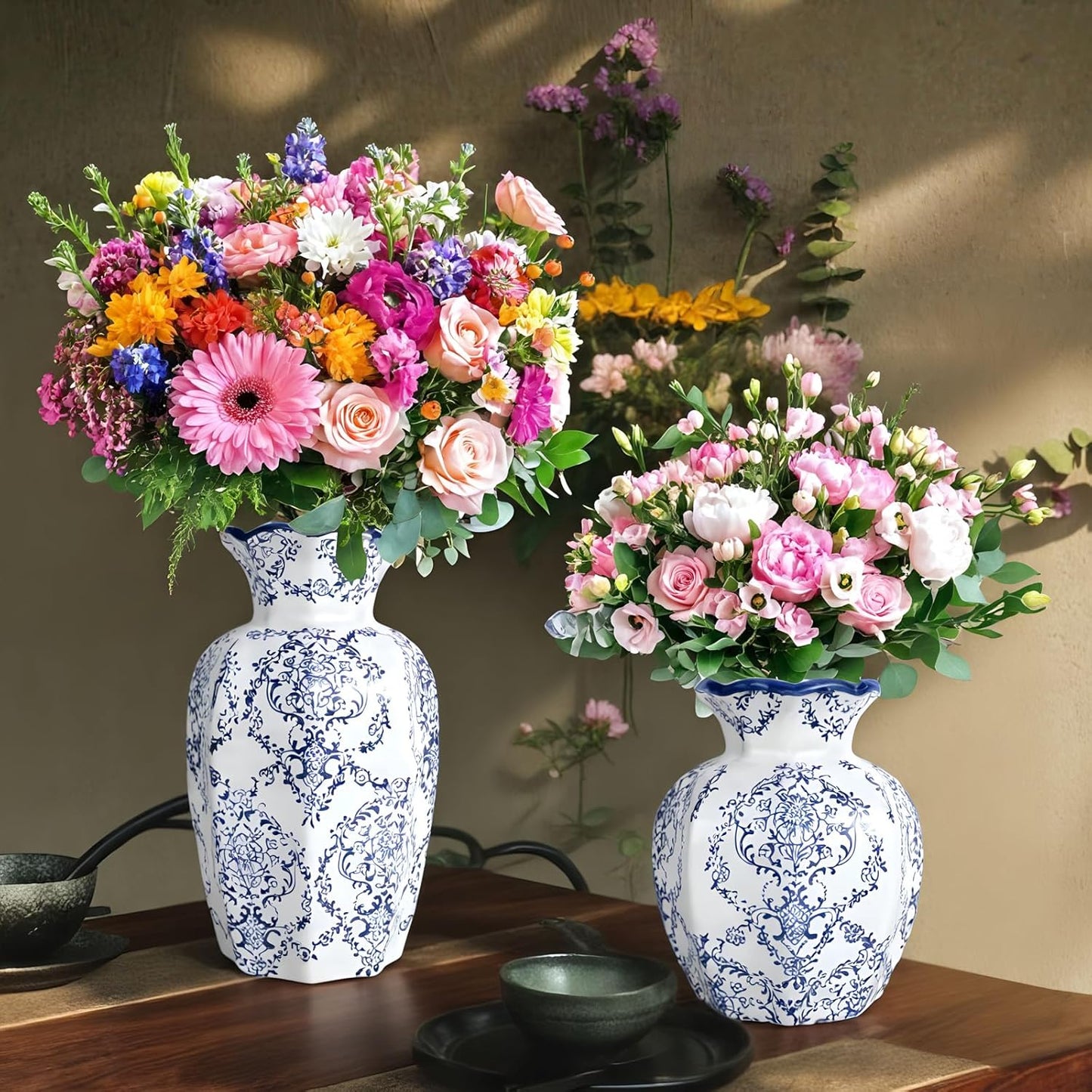 Chinoiserie Vase,Blue and White Vase,Vintage Ceramic Vases,Flower Vase for Centerpiece,Chinese Cute Vases for Living Room, Office,Home Decor (Blue White, Large)